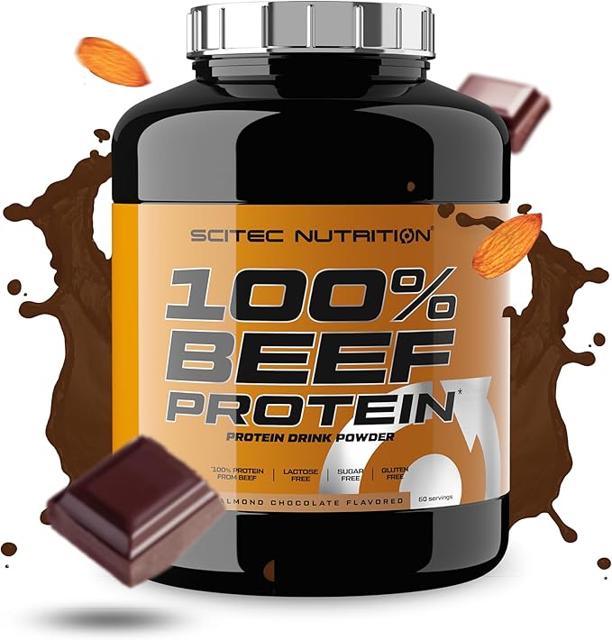 Scitec Nutrition 100% Beef Protein, Gearomatiseerd proteïne poeder voor drank, Lactosevrij, Suikervrij, Glutenvrij, 1,8 kg, Amandel Chocolade